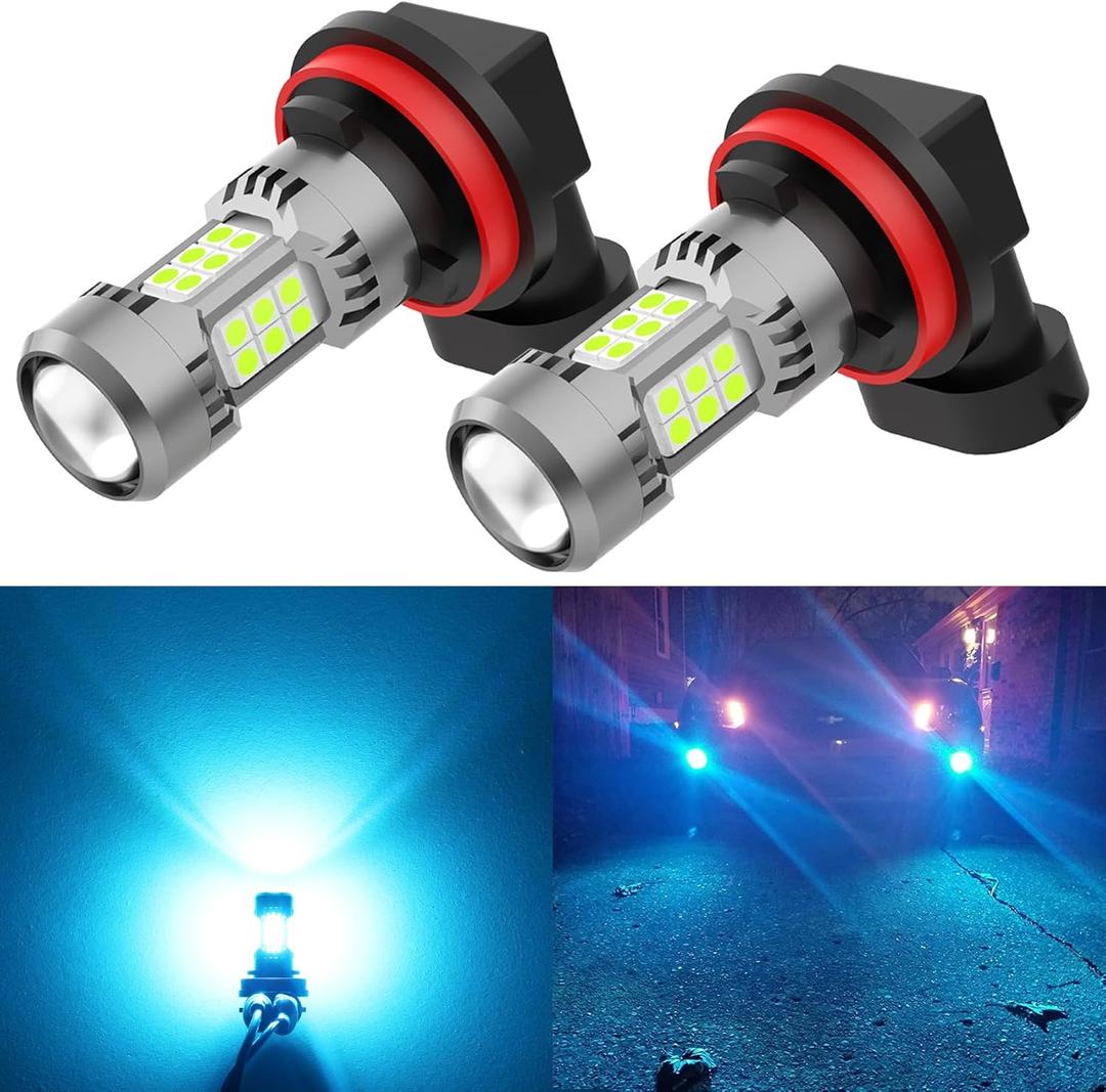 PHINLION H8 H11 LED Fog Light Bulb or DRL, 3200 Lumens Super Bright Ice Blue, Non-polarity 3030 30 SMD Chips 12V H16 H11LL H8LL Fog Lamps Replacement for Cars, Pack of 2