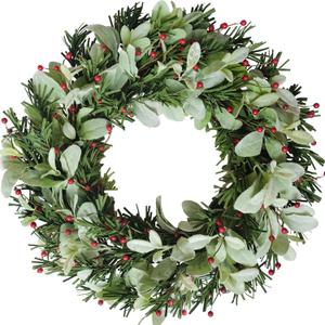 Bibelot 24 Inch Artificial Wreaths for Front Door, Winter Spring Decoration Wreath with Red Berry and Lamb Leaves, Evergreen Natural Wreath for Indoor Outdoor Farmhouse Festival Home Decor