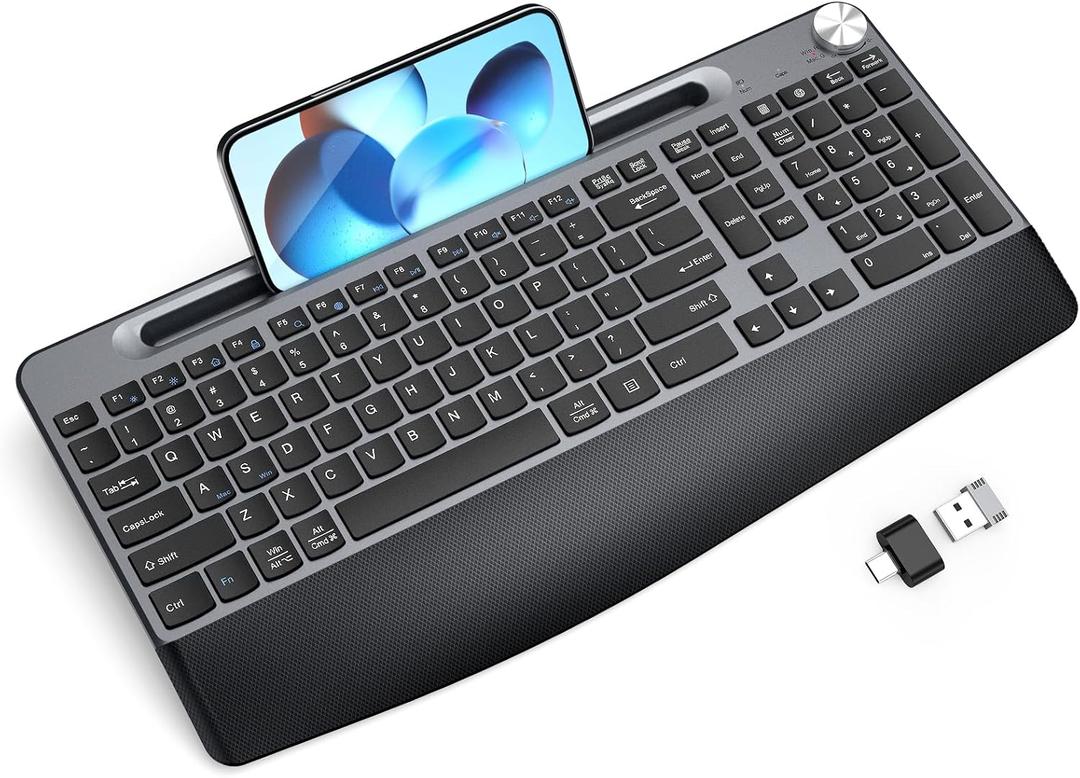 Ergonomic Wireless Keyboard with Wrist Rest-Low-Profile,Phone/Tablet Holder,Quiet DesignWindows & Mac OSFull Size Cordless USB Computer Keyboard for Desktop,Laptop, PC, Mac, Windows-Grey