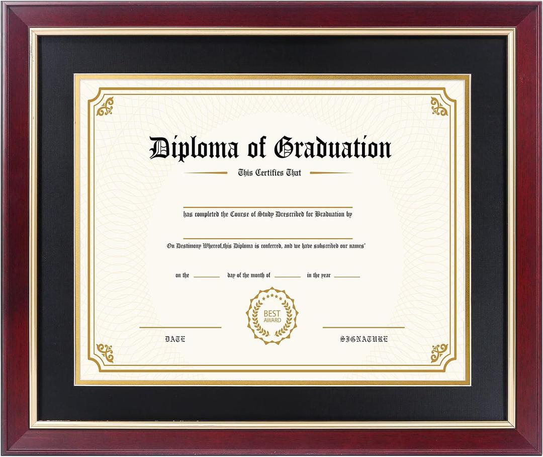 FramePro 11x14 Diploma Frame with Black over Gold Mat, 14x17 Certificate Frame, Real Wood with Gold Trim, Mahogany Frame with Arcylic
