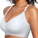 OEAK Womens Seamless Bras Comfortable Bra No Underwire Full Support Bralette Push Up Plus Size V Neck Sleeping Tshirt Bras (X-Large, White)