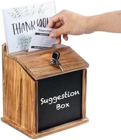 MyGift Rustic Burnt Wood Wall Mountable Fundraising Donation Suggestion Box / Comment Ballot Box with Lock and Key, Clear Acrylic Sign Holder and Chalkboard Surface