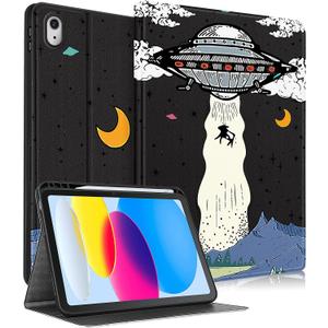 for iPad 10th Generation Case 10.9 Inch, for iPad 11th(A16) 2025 Girls Cute Boys Kids Women Folio Cover with Pencil Holder UFO Cool Design Funny Fun Men Teens Tablet Cases for Apple 10/11