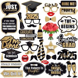 KatchOn, Graduation Photo Booth Props - Pack of 34 | Black and Gold Grad Photo Props for Grad Decor | Grad Photo Props 2025 | Graduation Decorations 2025