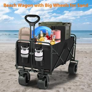 Collapsible Foldable Wagon Cart,Utility Beach Wagon Cart with Drink Holders Large Capacity Protable Grocery for Garden Shopping Outdoor Camping (Black, 350lbs)