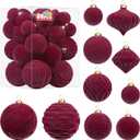 Super Holiday Velvet Christmas Ornaments Set, 35PCS Flocked Shatterproof Assorted Hanging Xmas Tree Ball Decorations, for Home Party Holiday Valentines Day Decor, Burgundy (1.57"-3.14")