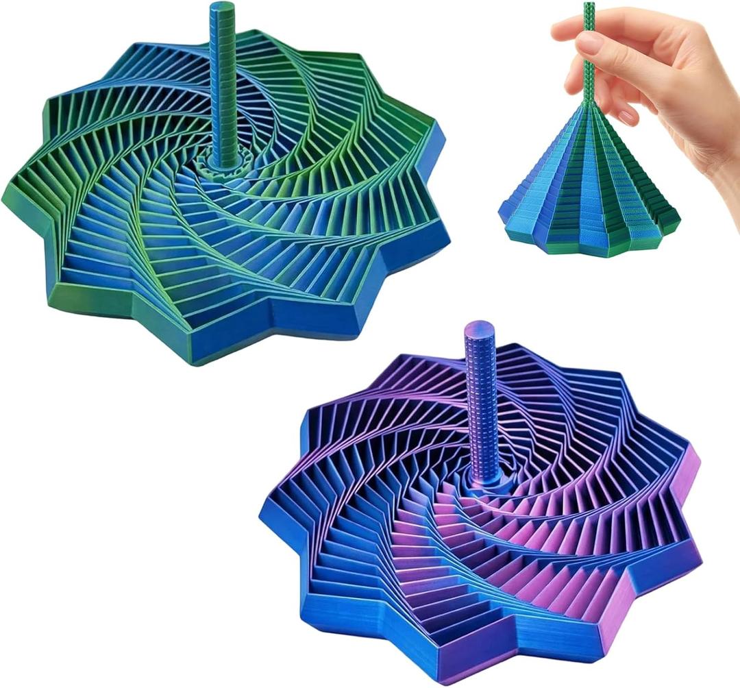 2Pcs 3D Printed Expanded Sensory Fidget Star, Expandable 4.3 Inch Fractal Fidget Hexagon Whirling Spiral Star, Stress-Relief Spinning Tower Toy with Handles (Blue-Purple, Blue-Green)
