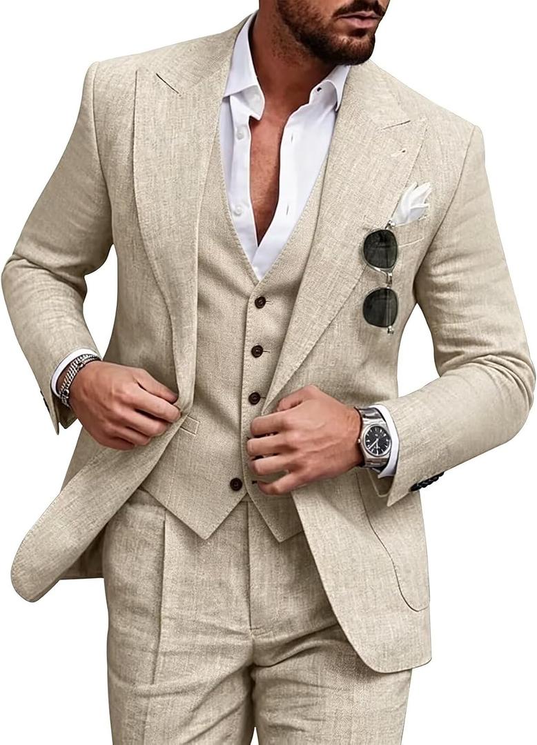 Retro Beige Linen Mens Suit Notched Lapel Slim Fit Cream Wedding Suits for Men 3 Pieces Light Weight Jacket Blazer Homecoming (Beige, M)