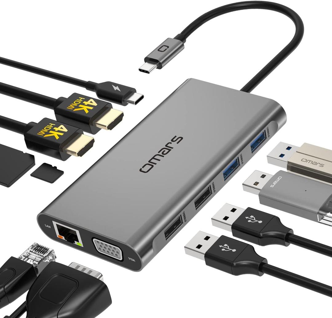 USB C Docking Station Dual Monitor, 11 in 1 USB C Hub Triple Display, USB C to Dual HDMI Adapter with Dual 4K, VGA, Ethernet, 100W PD, 4USB for M1/M2 MacBook Pro/Air Dell HP Surface Lenovo ASUS