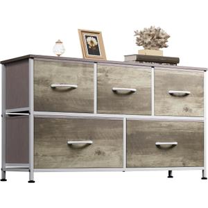 WLIVE Dresser for Bedroom with 5 Drawers, Wide Chest of Drawers, Fabric Dresser, Storage Organizer Unit with Fabric Bins for Closet, Living Room, Hallway, Greige Oak (11.81"D x 39.37"W x 21.65"H)