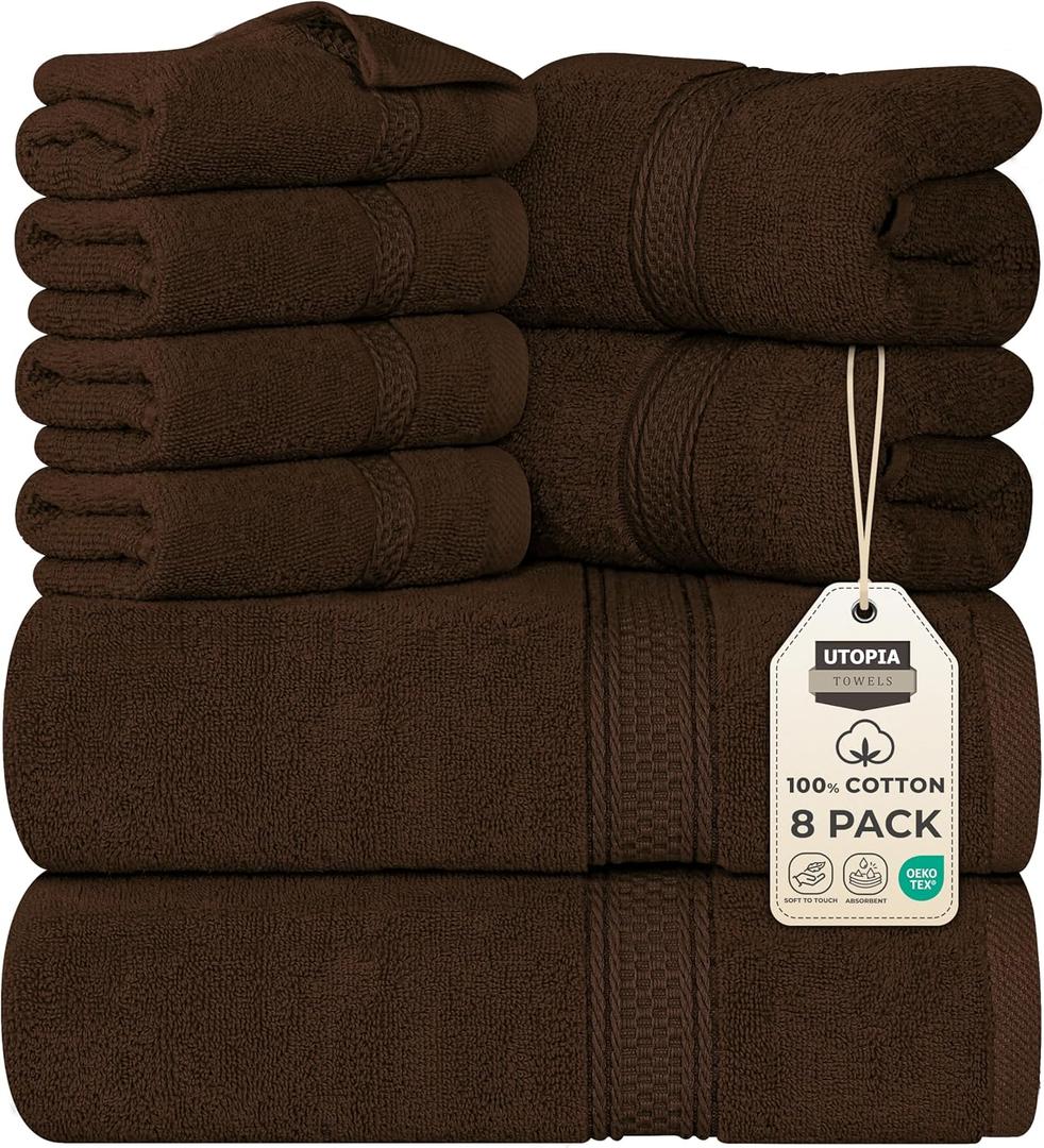 Utopia Towels 8-Piece Premium Towel Set, 2 Bath Towels, 2 Hand Towels, and 4 Wash Cloths, 600 GSM 100% Ring Spun Cotton Highly Absorbent Towels for Bathroom, Gym, Hotel, and Spa (Brown)