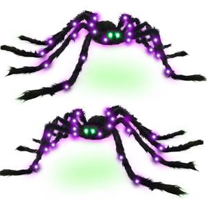 Halloween Spider Decorations 4ft Light Up Giant Spider(2 Pack) with Green Lighted Eyes for Indoor Outdoor Halloween Decorations Yard Party House Dcor