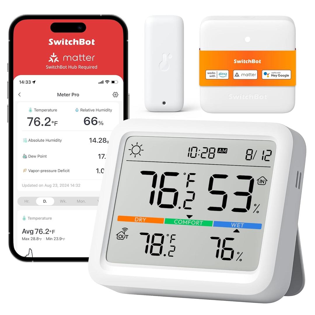 SwitchBot Meter Pro, Digital Hygrometer & Thermometer - Wireless Indoor Temperature & Humidity Monitor with Bluetooth App Control, Real-Time Alerts, Works with Apple Home (Meter Pro+Outdoor Meter+Hub Mini Matter)