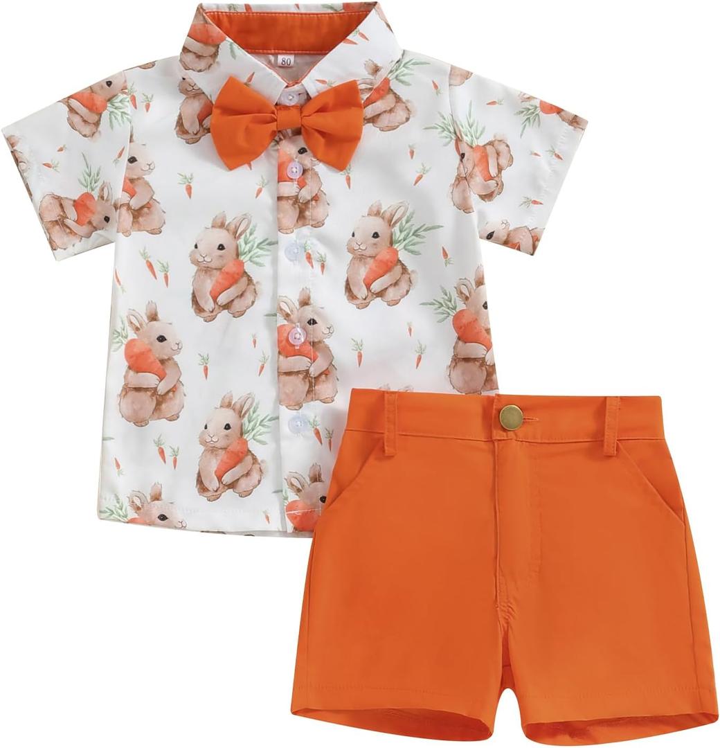 Toddler Boy Easter Outfits Bunny Carrot Print Short Sleeve Button Down Shirt Top Shorts Set Gentleman Suit Size 80