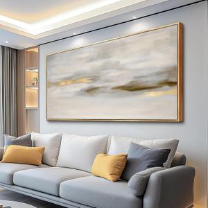 Abstract Canvas Wall Art Large Modern Framed Artwork White Gold 48" x 24"