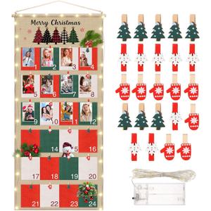 Fabric Christmas Advent Calendar with Pockets Reusable 24 Days Christmas Advent Countdown Calendar Photo Board for Pictures Hanging Display Bag for Xmas Holiday Home Wall Decor (Classic)