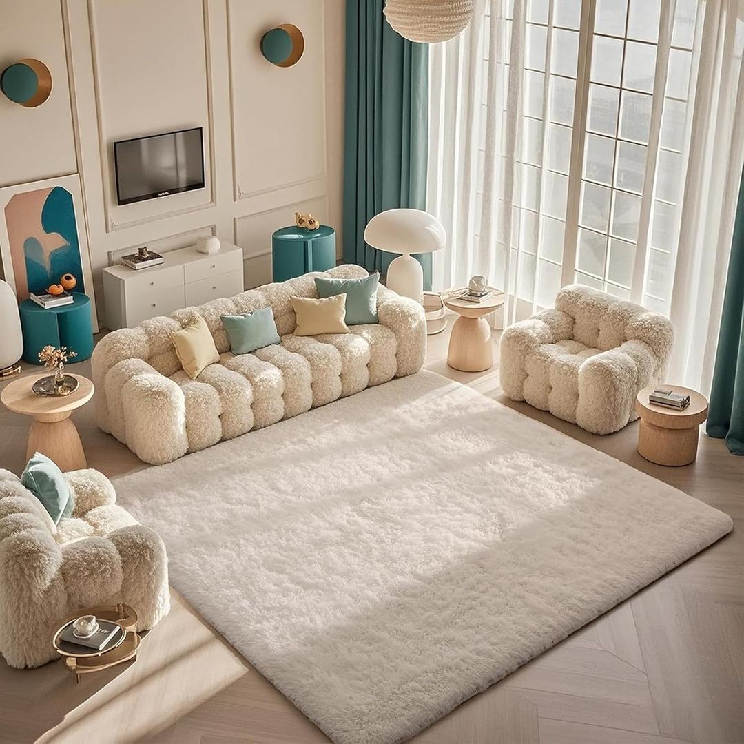 Ophanie Rugs for Living Room, Upgrade Non-Slip Fluffy Soft 5x8 Area Rug, Shag Large Fuzzy Plush Carpets for Bedroom Ivory, Shaggy Kids Boys Girls Dorm Nursery Home Decor Aesthetic