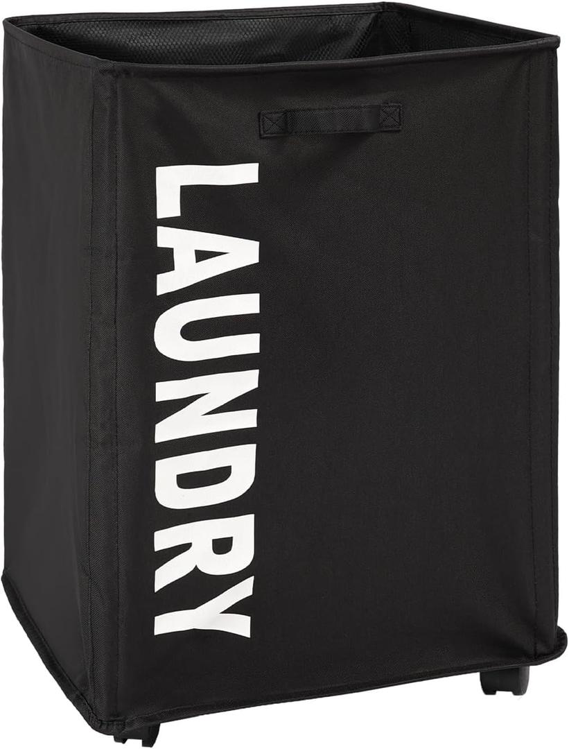 Surblue Slim Laundry Basket with Wheels Collapsible Laundry Hamper with Handle Home Corner Storage Bins Foldable Waterproof Rolling Dirty Clothes Hamper, Black, XL