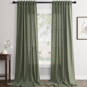 Olive Green Linen Curtains 108 inch Length 2 Panels Set Modern Farmhouse Living Room Drapes Light Filtering Rod Pocket Back Tab Filtering Privacy Semi Sheer Curtain 108 inches Long