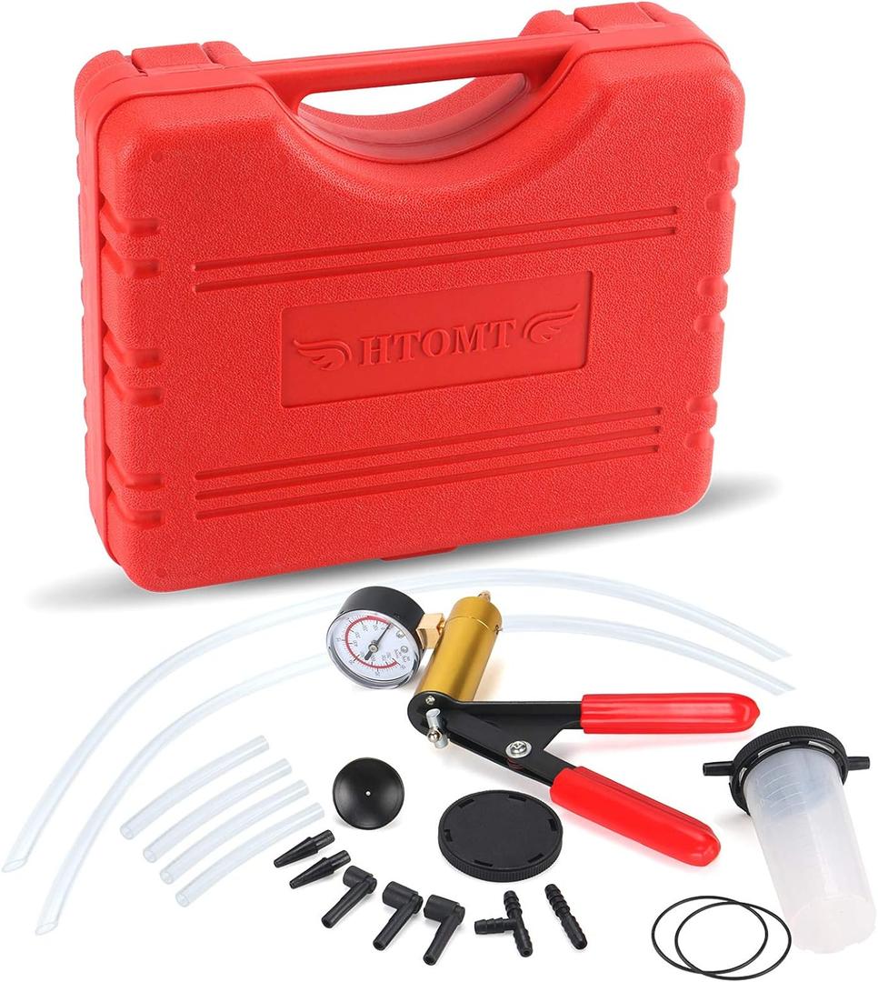 2 in 1 Brake Bleeder Kit Hand held Vacuum Pump Test Set for Automotive with Protected Case,Adapters,One-Man Brake and Clutch Bleeding System(Red) (Red)