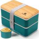 Sinnsally Bento Box Adult Lunch Box,Stackable Japanese Bento Lunch Box Containers for Women/Men with Compartments(47oz),Lunch Containers with Utensil Set,Leak-Proof Lunchbox,Rectangle(Nordic Green)