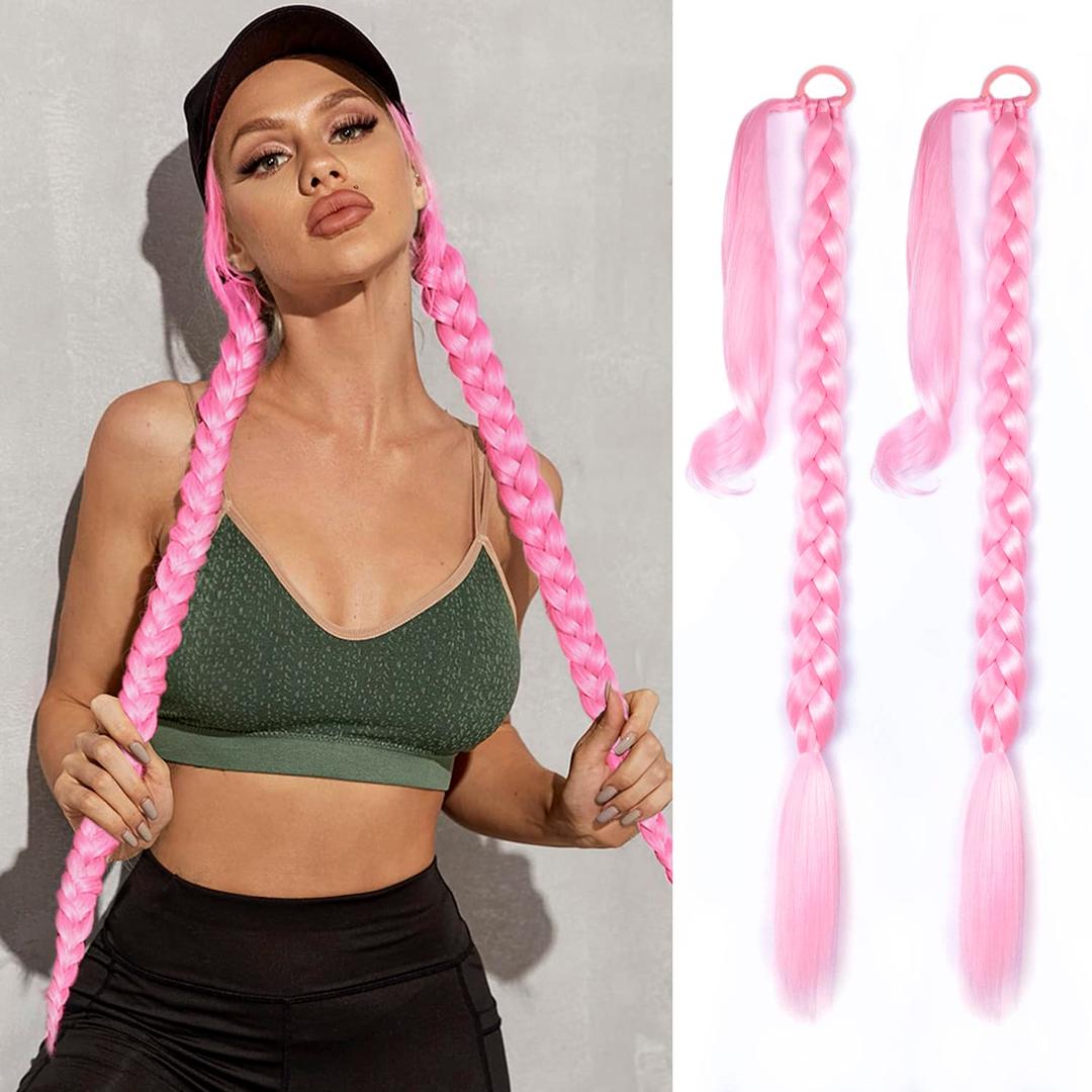 2 Pack Pink Long Braided Ponytail Extension with Hair Tie Straight Wrap Around Hair Extensions Ponytail Natural Soft Synthetic Hair Piece for Women