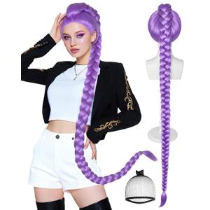 BESTBEL+Hair Cap Purple Braid Wig for Women Long Purple Wigs for Adult Long Braided Anime Wigs Stage Outfits for Women Halloween Party Cosplay