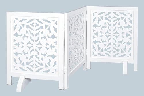 The Wooden Town Foldable Wooden Dog Gate - 54” Wide, 24” Tall, Free-Standing Pet Gate with 3 Panels & Support Feet - Indoor Dog Fence for Doorway, Stairs & Home – White Antique Finish