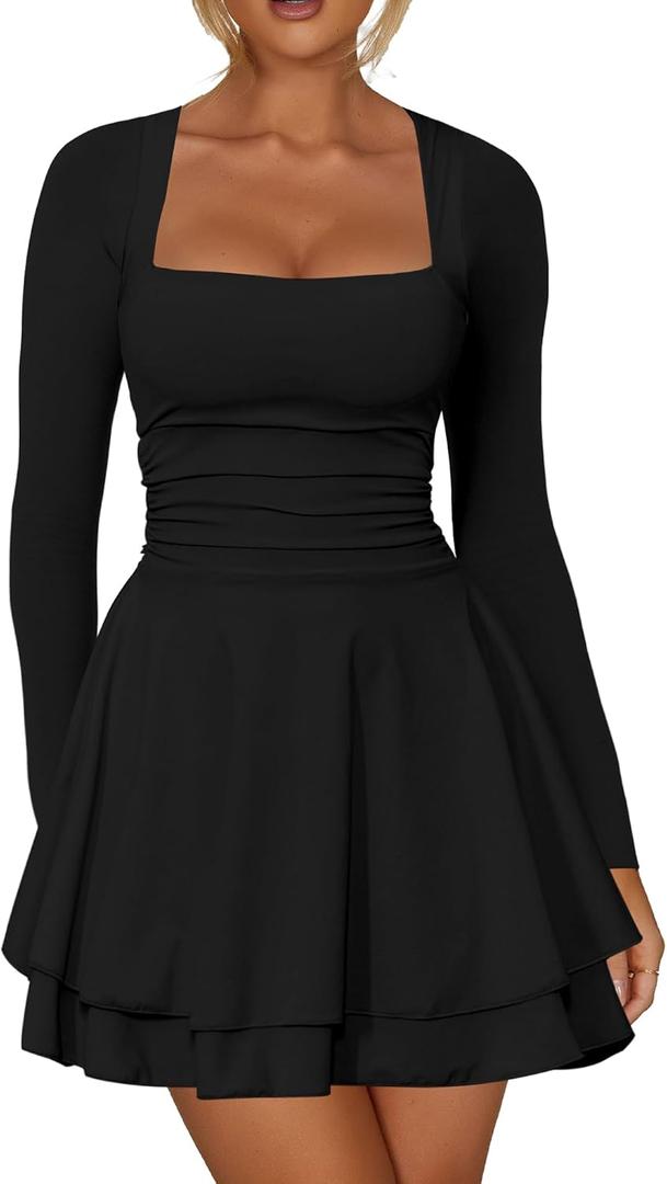 Kaximil Women's Square Neck Ruffle Hem Mini Dress Ruched Waist Long Sleeve Corset Short Party Dresses (Black, L)