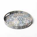 Fuukou Round Serving Tray with Handles - Boho Coffee Table Tray Serving Tray, Large Tray for Ottoman Coffee Table, Modern Decorative Tray for Living Room