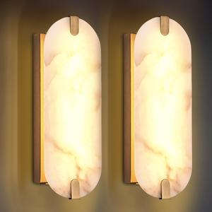 14.17in Alabaster Wall Sconces, Natural Marble Wall Light Set of Two, Modern LED Alabaster Sconces for Living Room Indoor Wall Lamps for Dining Room Stairs Bedroom,Brushed Gold, 2 Pack