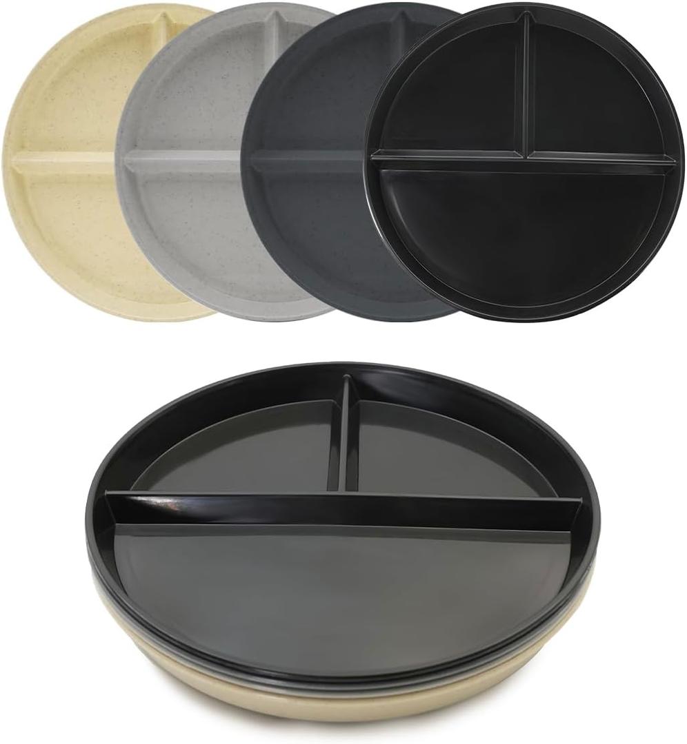 9" (4PCS) Unbreakable Divided Plates for Kids Adults:Dishwasher & Microwave Safe Compartment Plate, Lightweight Reusable Plastic Portion Control Plates, BPA Free and Healthy