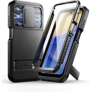 SURITCH for Samsung Galaxy A15 Case with Magnetic Camera Slide Cover & Adjustable Kickstand & Screen Protector, Rugged Full-Body Shockproof Dual-Layer Protective Cover for Samsung A15 6.5 Inch-Black