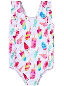 RAISEVERN Baby Girls Swimsuit Ruffles Bathing Suits 3T Cute Cartoon Colorful Ice Cream Beach Sport White Summer One Piece Swimwear Backless Quick-Dry Swimming Bodysuit for 4t Little Girl
