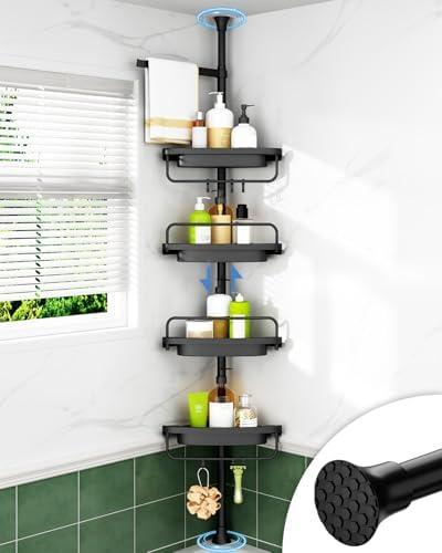 ALLZONE Corner Shower Caddy Tension Pole, Extendable Rustproof Stainless Steel Pole & 4-Tier Adjustable Shelves for Easy Drainage and Built-to-Last Stability, 34 to 116 Inch, Black