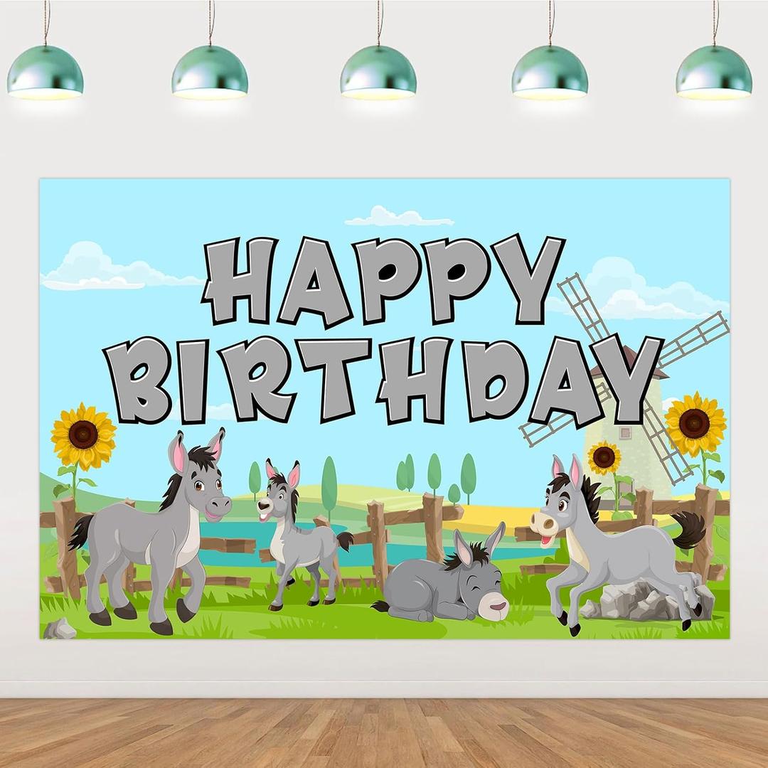 Donkey Birthday Party Decorations, Donkey Theme Happy Birthday Backdrop Banner 5x3 ft Farm Animal Themed Vinyl Photography Background for Farm Animal Zoo Themed Birthday Baby Shower Party