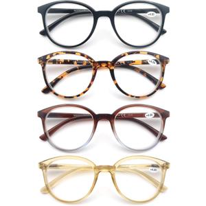 MODFANS Women Reading Glasses  Large Round Frame Readers Spring Hinges with 4 Pouch, 4 Pack Mix Color, 1.75x