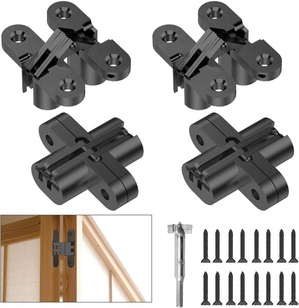 Invisible Hinges for Cabinet Doors - Completely Hidden 180Hinges,Concealed and Smooth Quiet Close(Black,0.51"-1.77",4Pack)