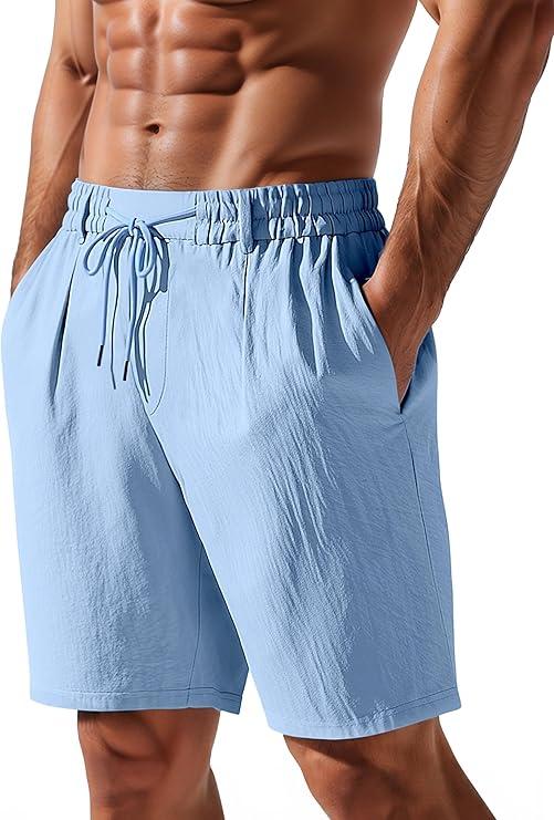 TAFLE Mens Linen Shorts Casual Elastic Waist Drawstring Lightweight Vacation Summer Beach Shorts with Pockets Blue, XXXL 