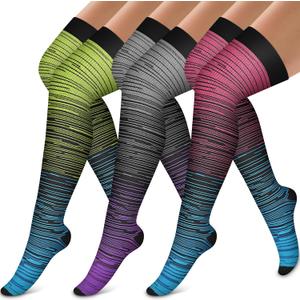 Bluemaple Thigh High Compression Socks for Women and Men Circulation(3 Pairs) Over the Knee-Best Support for Running,Travel (Large-X-Large, Color: Pink/Grey/Fluorescent Green
)