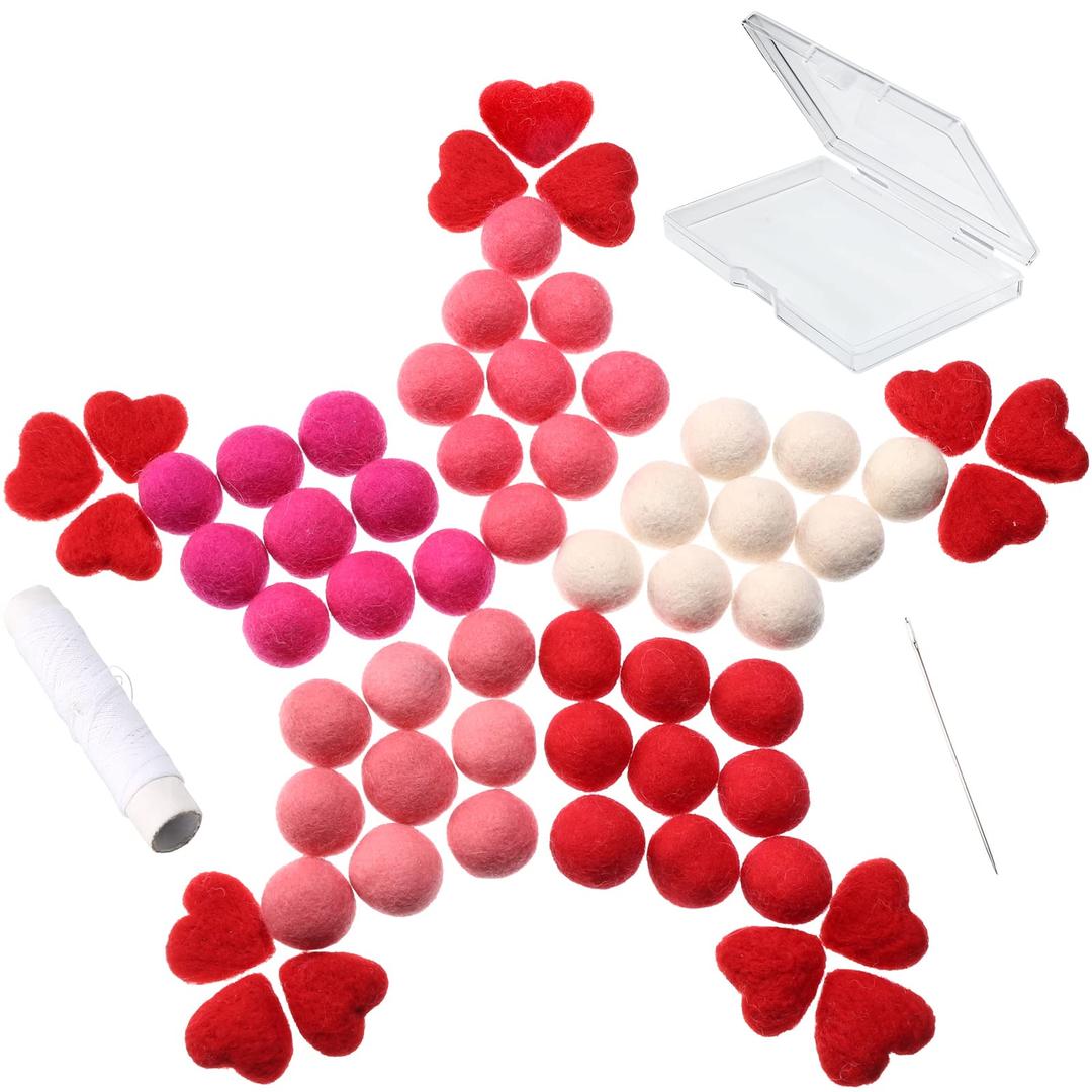 Tegeme 63 Pieces Wool Felt Balls and Hearts Set Pom Poms 15 Pcs Heart Shape Felt Wool Balls Valentine‘s Day DIY Decorative Crafts with Sewing Kit for Garland Home Decor (White,Red,Pink) 6.3 x 3.94 x 3.15 inches