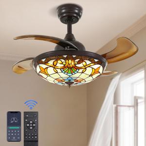 36" Tiffany Style Ceiling Fan with Lights, Remote Control Led Dimmable Fandelier Fixture with 4 Retractable Reverse Blades, Vintage Stained Glass Suit for Bedroom Living Room
