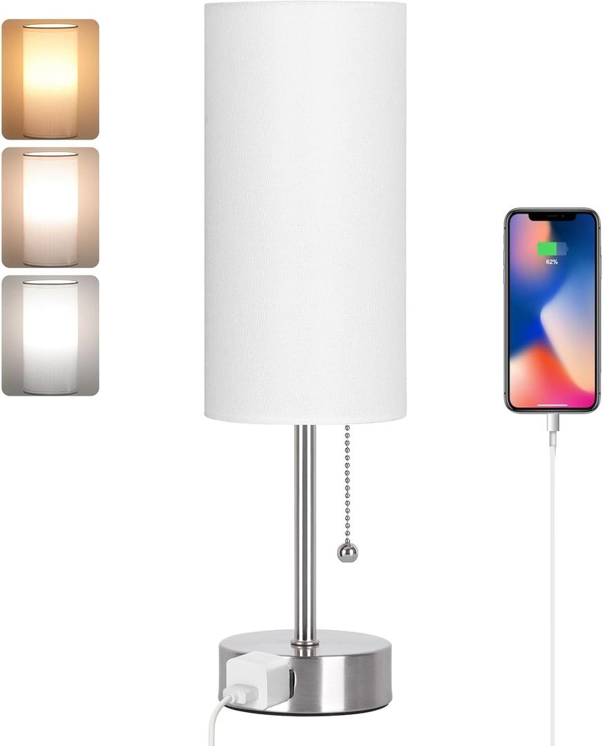 Dott Arts Table Lamp for Bedroom, 3-Color Bedside Lamps with Pull Chain, Bedroom Table Lamps for Nightstand,AC Outlet Small Lamp for Living Room, Bulb Included Nickel (15 in, Nickle-White)