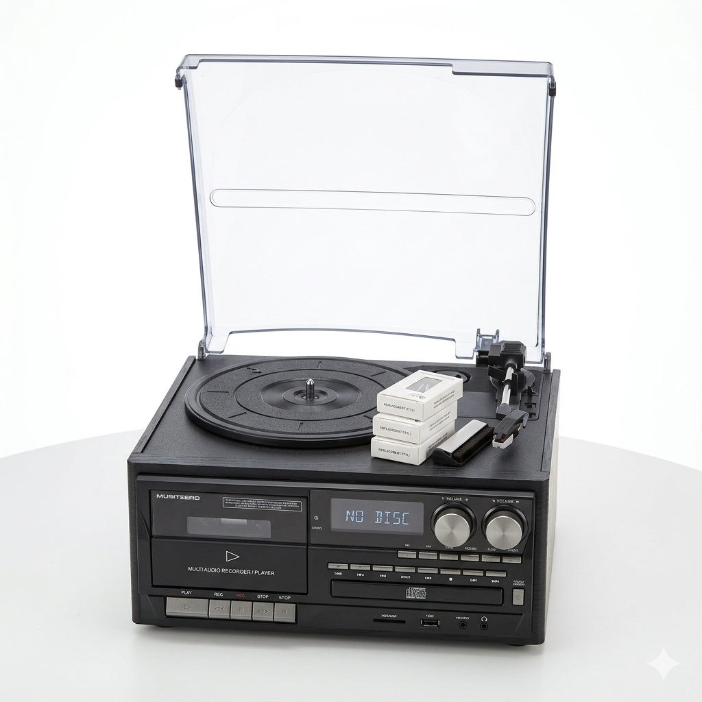 MUSITREND JOPOSTAR 9-in-1 Record Player with Bluetooth, 3 Speed Turntable with Built-in Speakers, Record Player with 3.5 mm Audio Port, CD/Cassette, AM/FM Radio, USB/SD/MMC, Black