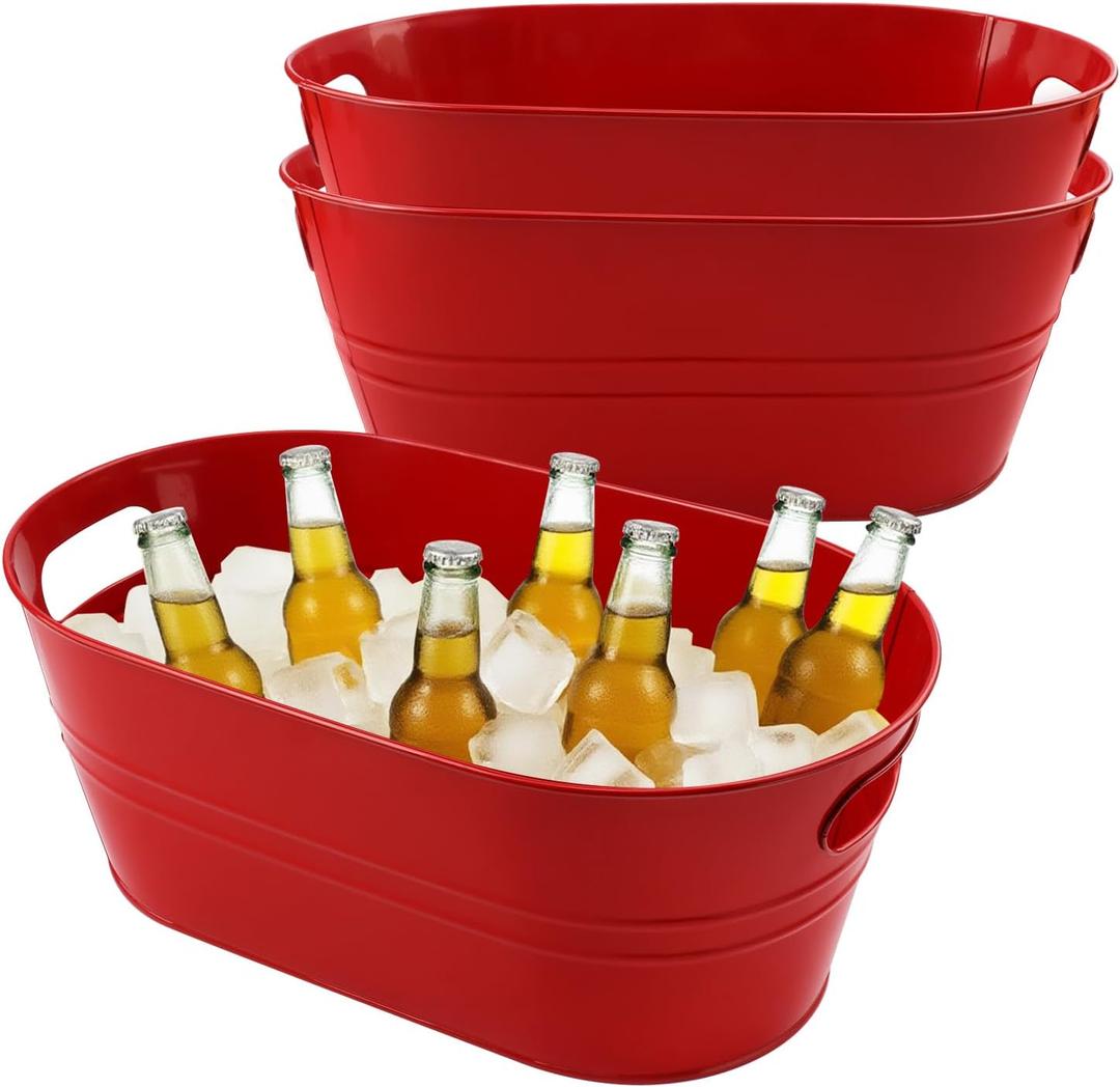 3 PCS 15.3 x 9 x 6 inches Red Metal Galvanized Tub with Handles, 3 Gallon Galvanized Beverage Tubs for Parties, Large Metal Drink Ice Buckets for Beer, Wine, Cocktails & Outdoor Events
