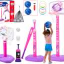 Meland Toddler Basketball Hoop, Pink 4-in-1 Kids Basketball Hoop for Indoor Outdoor Play, Tball Set with Baseball Pop Up Machine, Girls Toys Birthday Gift