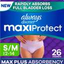 Always Discreet MaxiProtect Adult Diapers for Women, Incontinence Underwear, Scented, Postpartum Essentials, Bladder Leak Protection, Disposable Briefs, Maximum Plus Absorbency, Size S/M, 16 Count