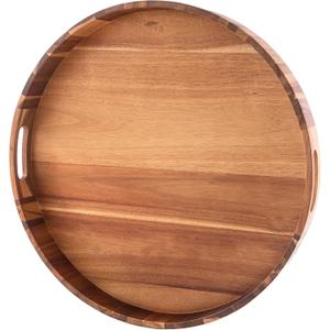Extra Large 22INCH Premium Acacia Wood Tray Round Ottoman Tray with Handles Wooden Serving Tray Multi-Use for Dinner Breakfast in Bed Coffee Table Snack Entertaining Guests