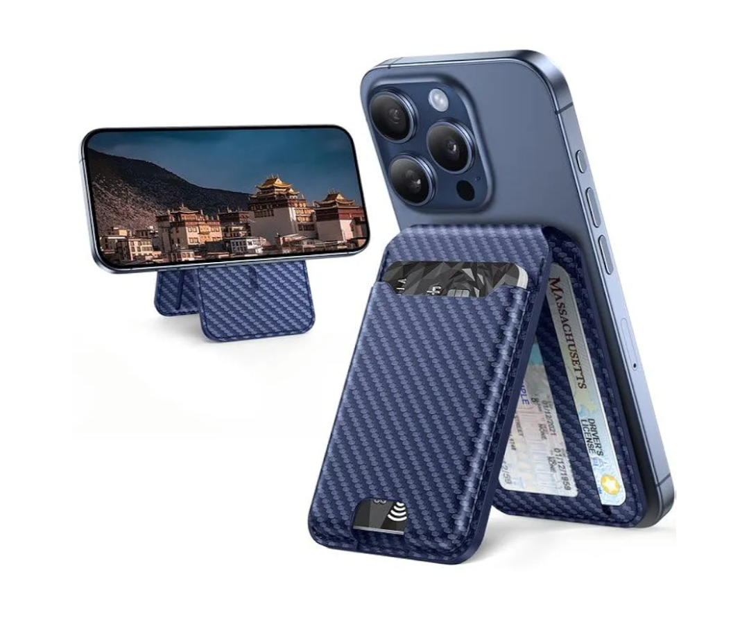 Miracase for MagSafe Wallet (Stand Series),Magnetic Force 3000Gs,5-Card Holder,for iPhone 16/15/14/13/12 Series,Not for 13 Mini/12 Mini,RFID Blocking,Carbon Fiber Blue