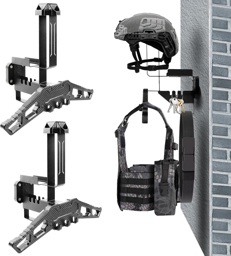 Helmet Wall Mount Motorcycle Helmet Holder Rack with Carbon Fiber Texture Hanger, Heavy-Duty 88lbs Load Capacity Helmet Stand for Motorcycle, Sports, Police, Military, Safety Equipment (2Pack, Black)